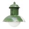 Lampe à Suspension Industrielle Vintage en Émail Vert et Verre Opalin 1
