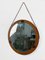 Italian Round Teak Framed Wall Mirror with Leather, 1960s 2