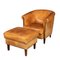 20th Century Dutch Sheepskin Leather Tub Chair & Footstool, Set of 2 1