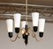 Italian Brass and Black Chandelier with Slim White Frosted Glass Vases, 1960s 3