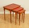 Yew Wood & Red Leather Embossed Nesting Tables, Set of 3 1