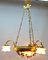 Chandelier with Large Central Glass Dome of Cameo Cast Brass & Three Arms 12