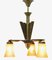 Art Deco Brass Chandelier with Three Arms & Glass Lampshades 4