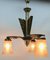 Art Deco Brass Chandelier with Three Arms & Glass Lampshades 13