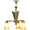 Art Deco Brass Chandelier with Three Arms & Glass Lampshades 3