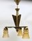 Art Deco Brass Chandelier with Three Arms & Glass Lampshades 1