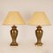 Large Mid-Century Gold Brass Table Lamps & Silk Lampshades, Set of 2 11