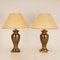 Large Mid-Century Gold Brass Table Lamps & Silk Lampshades, Set of 2 10