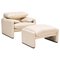 Cream Leather Armchair and Footstool by Vico Magistretti Maralunga for Cassina, Set of 2 1
