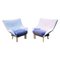 Italian Post-Modern Wood & Grey-Blue Fabric Armchairs, 1980s, Set of 2 1