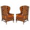 Wingback Armchairs in Hand Dyed Cigar Brown Leather in the Style of William Morris, Set of 2 1