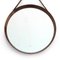 Specchio rotondo con cornice in legno e pelle, anni '60, Immagine 6