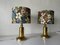 Flower Illustrated Fabric Shade & Brass Table Lamps, 1980s, Set of 2 1