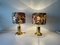 Flower Illustrated Fabric Shade & Brass Table Lamps, 1980s, Set of 2 2