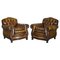 Antique Chippendale Style Chesterfield Brown Leather Armchairs, Set of 2 1