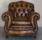 Antique Chippendale Style Chesterfield Brown Leather Armchairs, Set of 2, Image 15