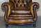 Antique Chippendale Style Chesterfield Brown Leather Armchairs, Set of 2, Image 19