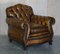 Antique Chippendale Style Chesterfield Brown Leather Armchairs, Set of 2 14