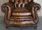 Antique Chippendale Style Chesterfield Brown Leather Armchairs, Set of 2 7