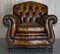 Antique Chippendale Style Chesterfield Brown Leather Armchairs, Set of 2 3