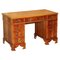 Walnut Twin Pedestal Partner Desk with Tan Brown Leather Top & Panelled Back 1