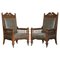 Victorian Carved Oak & Leather Throne Armchairs, Set of 2 1
