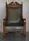 Victorian Carved Oak & Leather Throne Armchairs, Set of 2 3