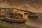 Paesaggio al tramonto e marina con barche, Italia, anni '80, olio su tela, con cornice, Immagine 2