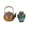 Cloisonne Enamel teapot with Wicker Handle and Cloisonné Caddy for Tea Ceremony, Set of 2 1
