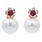 14K Rose Gold Stud Earrings with White Pearls, Rubies and Diamonds 1
