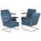 Art Deco Tubular Steel Cantilever Armchairs in Chrome and Blue Leather, Set of 4 1