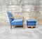 Fauteuil Art Déco Mid-Century avec Repose-Pieds en Faux Cuir Bleu, Italie, 1950s, Set de 2 1