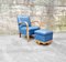 Mid-Century Modern Art Deco Armchair With Footstool in Blue Faux Leather, Italy, 1950s, Set of 2 10