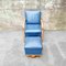Mid-Century Modern Art Deco Armchair With Footstool in Blue Faux Leather, Italy, 1950s, Set of 2 6