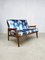 Mid-Century Loveseat aus Teak & blauer Seide 2