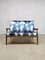 Mid-Century Teak & Blue Silk Loveseat 1