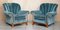 Art Deco Burr Walnut Sofa & Armchairs in Blue Velour Fabric, Set of 3, Image 11