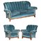 Art Deco Burr Walnut Sofa & Armchairs in Blue Velour Fabric, Set of 3 1
