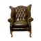 English Queen Anne Highback Winged Chesterfield Armchair in Green Leather 1