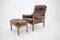 Swedish Leather Lounge Chair and Stool from Göte Möble, 1970s, Set of 2 5
