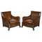 Antique Victorian Cigar Brown Leather Armchairs with Carved Legs, Set of 2 1