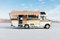 Mint Images, Vintage Dodge Sportsman Rv With Striped Canopy Parked on Salt Flats, Photographic Paper 1