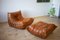 Vintage Pine Leather Togo Lounge Chair & Pouf by Michel Ducaroy for Ligne Roset, 1973, Set of 2 1