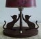 Table Lamp with Oval Teak Base, 2 Cats on Metal Scratching Post & Red Printed Oval Cardboard Shade, 1970s 2