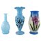 Antique Vases in Hand-Painted Mouth-Blown Opal Art Glass in Shades of Blue, Set of 3 1