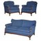 Victorian Napoleonic Blue Upholstery Sofa & Armchair Suite with Claw & Ball Feet, Set of 3 1
