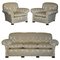 Victorian Damask Upholstery Sofa & Armchair Club Suite with Turned Bun Feet, Set of 3 1