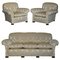 Victorian Damask Upholstery Sofa & Armchair Club Suite with Turned Bun Feet, Set of 3, Image 1