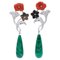 Malakite Coral Black Stones Diamonds & Platinum Dangle Earrings, Set of 2 1
