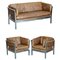 Brown Leather & Chrome Framed Sofa & Armchairs Suite from Halo Groucho, Set of 3 1